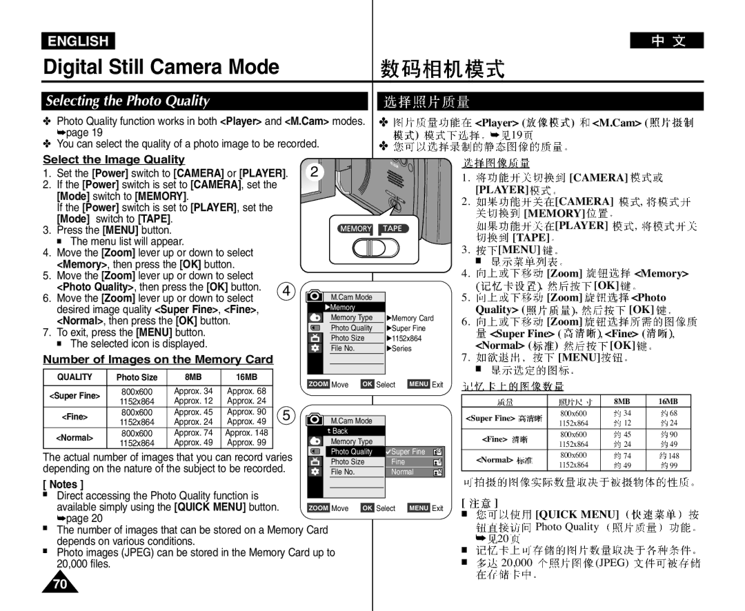 Samsung VP-D964Wi manual Select the Image Quality, Number of Images on the Memory Card 