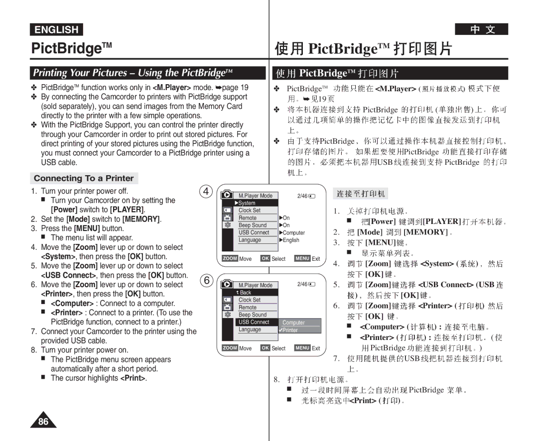 Samsung VP-D964Wi manual Printing Your Pictures Using the PictBridgeTM 