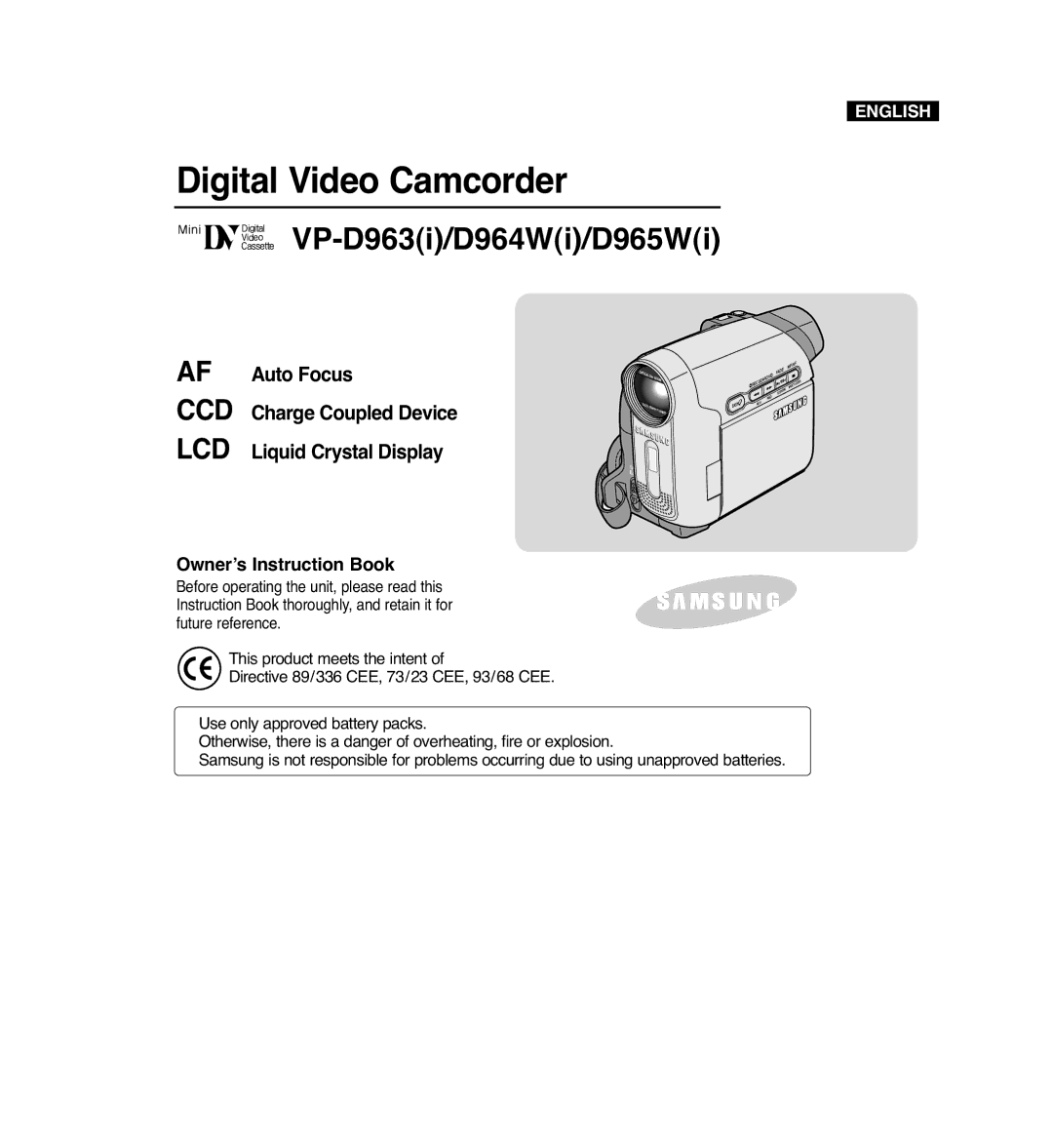 Samsung VP-D965Wi manual Digital Video Camcorder, Auto Focus Charge Coupled Device Liquid Crystal Display 