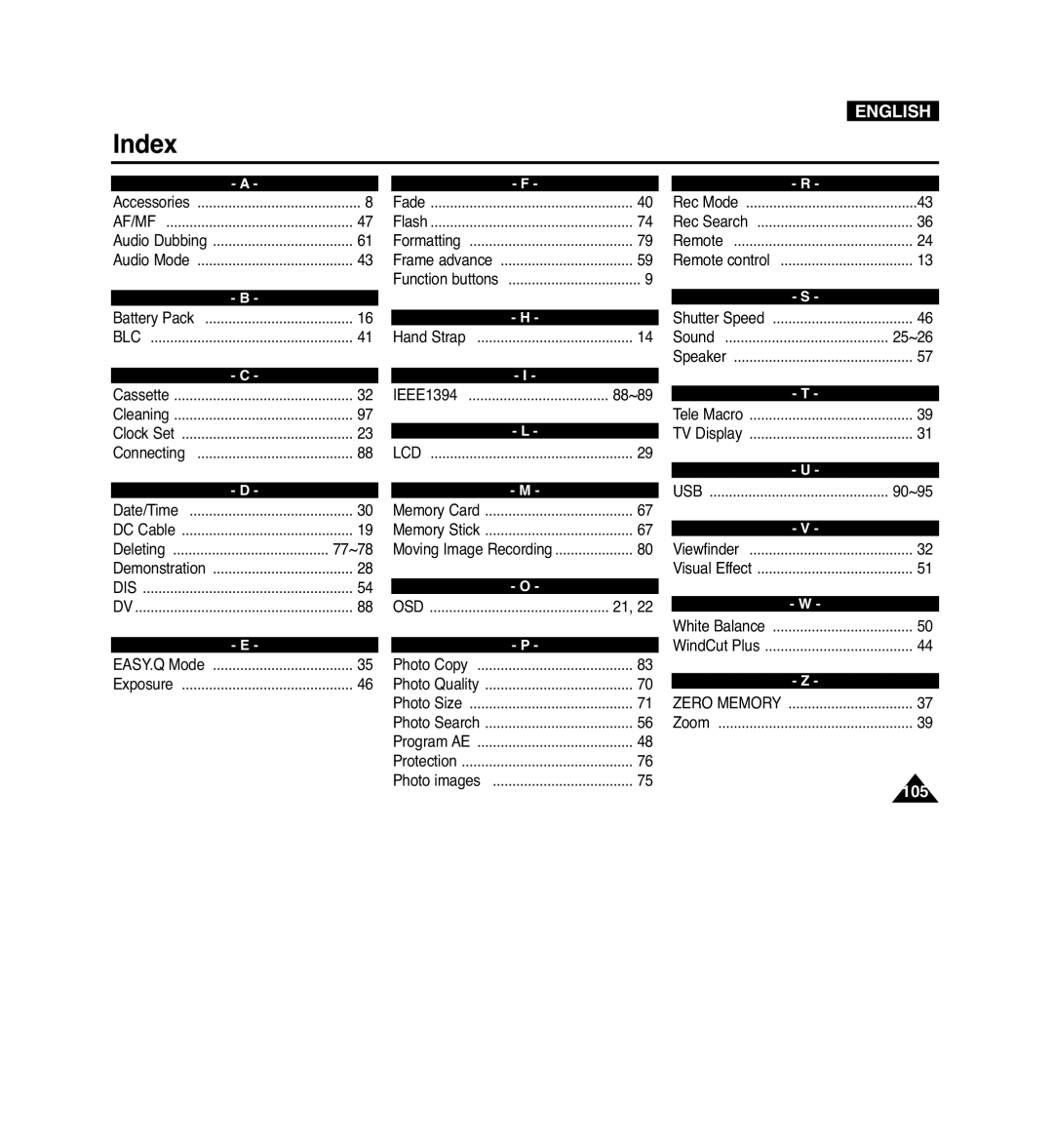 Samsung VP-D965Wi manual Index 