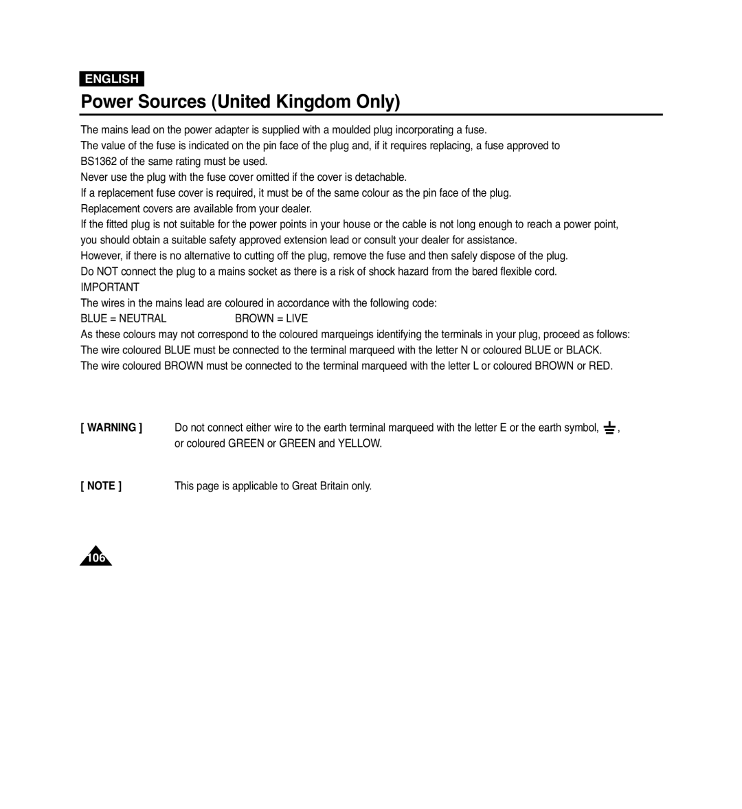 Samsung VP-D965Wi manual Power Sources United Kingdom Only, Blue = Neutralbrown = Live 