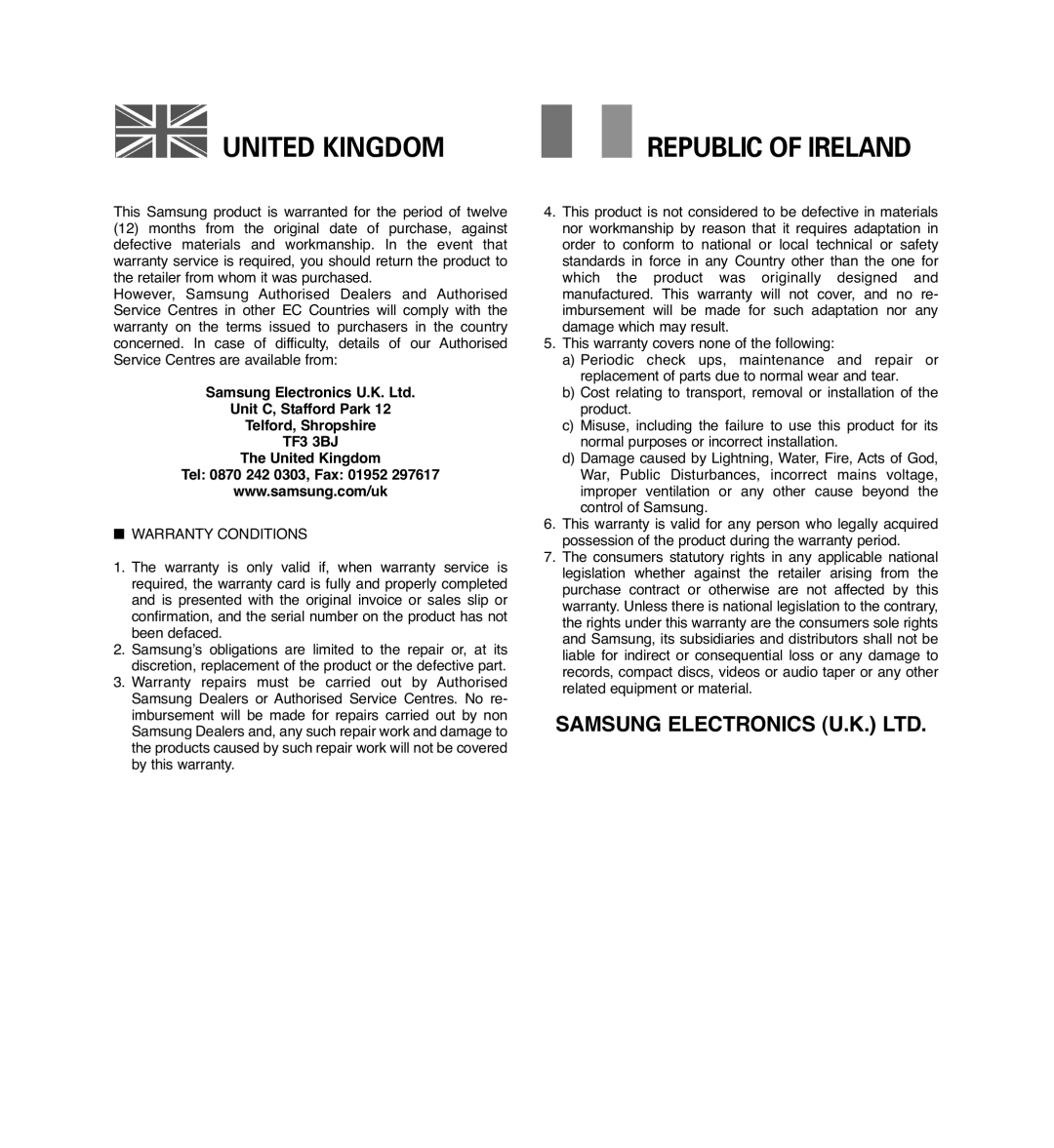 Samsung VP-D965Wi manual Unit C, Stafford Park Telford, Shropshire, United Kingdom Tel 0870 242 0303, Fax 01952 