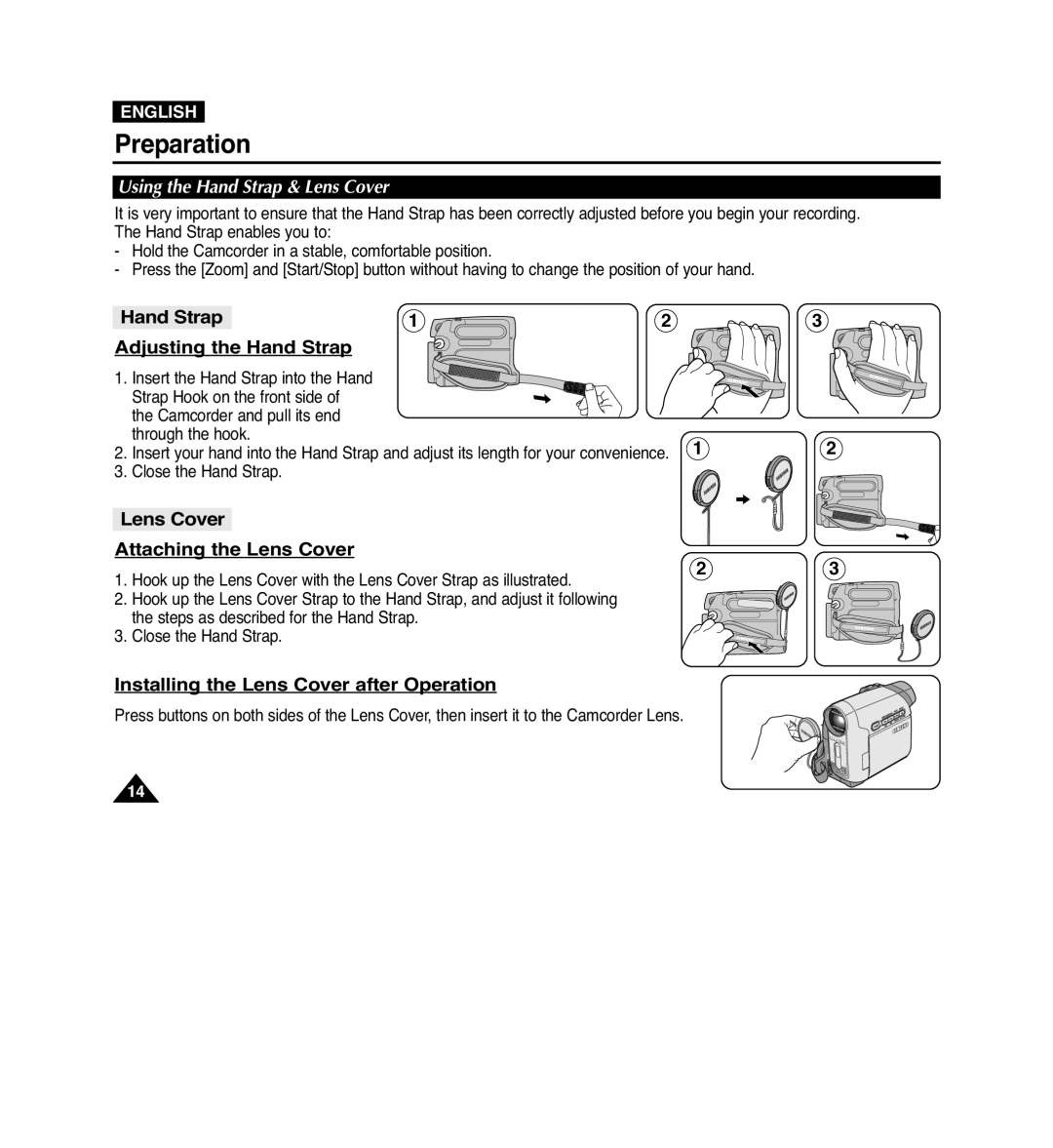 Samsung VP-D965Wi manual Preparation, Hand Strap Adjusting the Hand Strap, Lens Cover Attaching the Lens Cover 