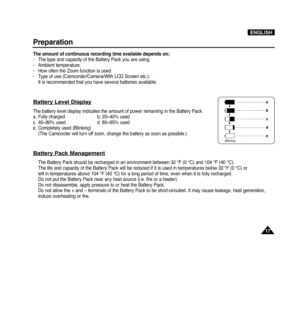 Samsung VP-D965Wi Battery Level Display, Battery Pack Management, Amount of continuous recording time available depends on 