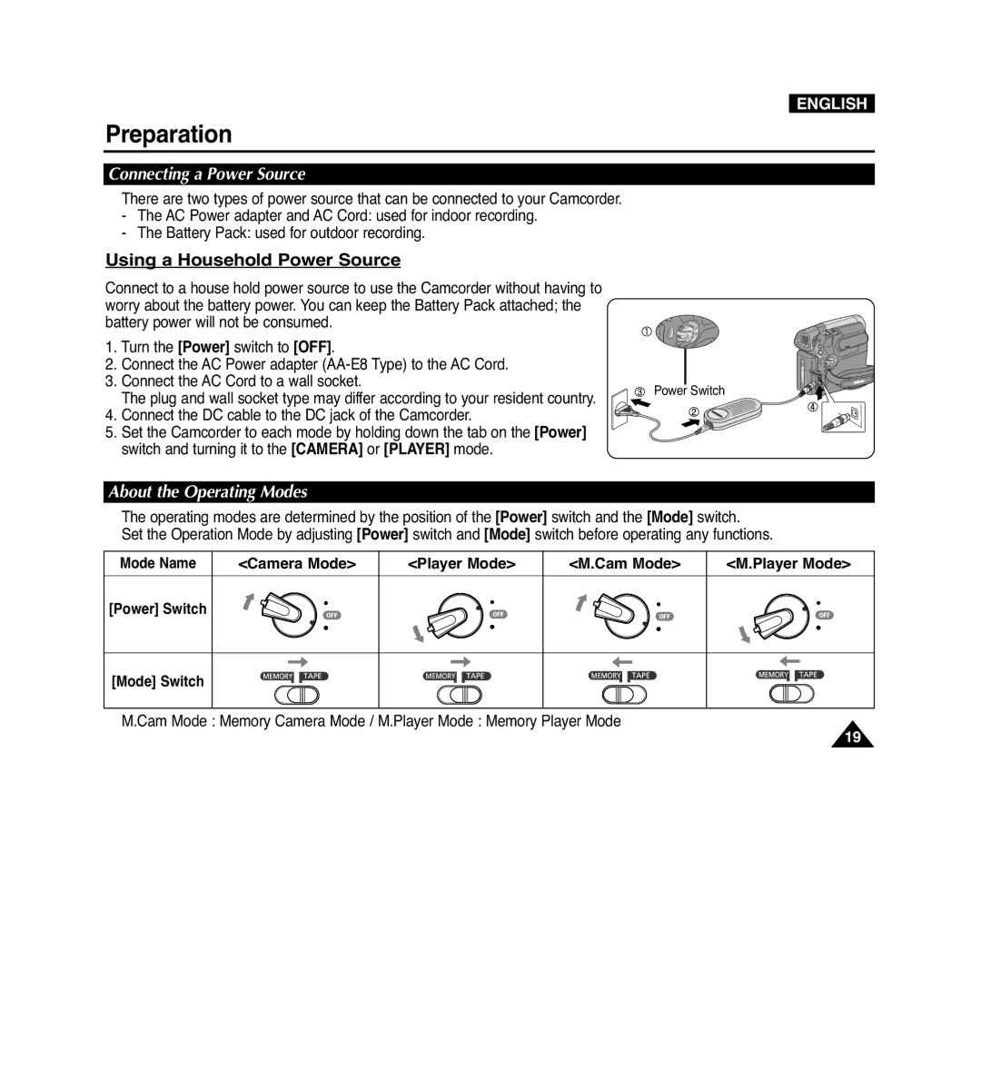 Samsung VP-D965Wi manual Using a Household Power Source, Connecting a Power Source, About the Operating Modes, Camera Mode 