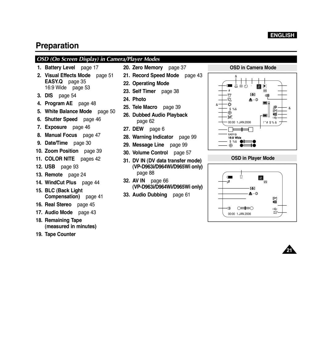 Samsung VP-D965Wi manual OSD On Screen Display in Camera/Player Modes, Battery Level Visual Effects Mode page 51 EASY.Q 