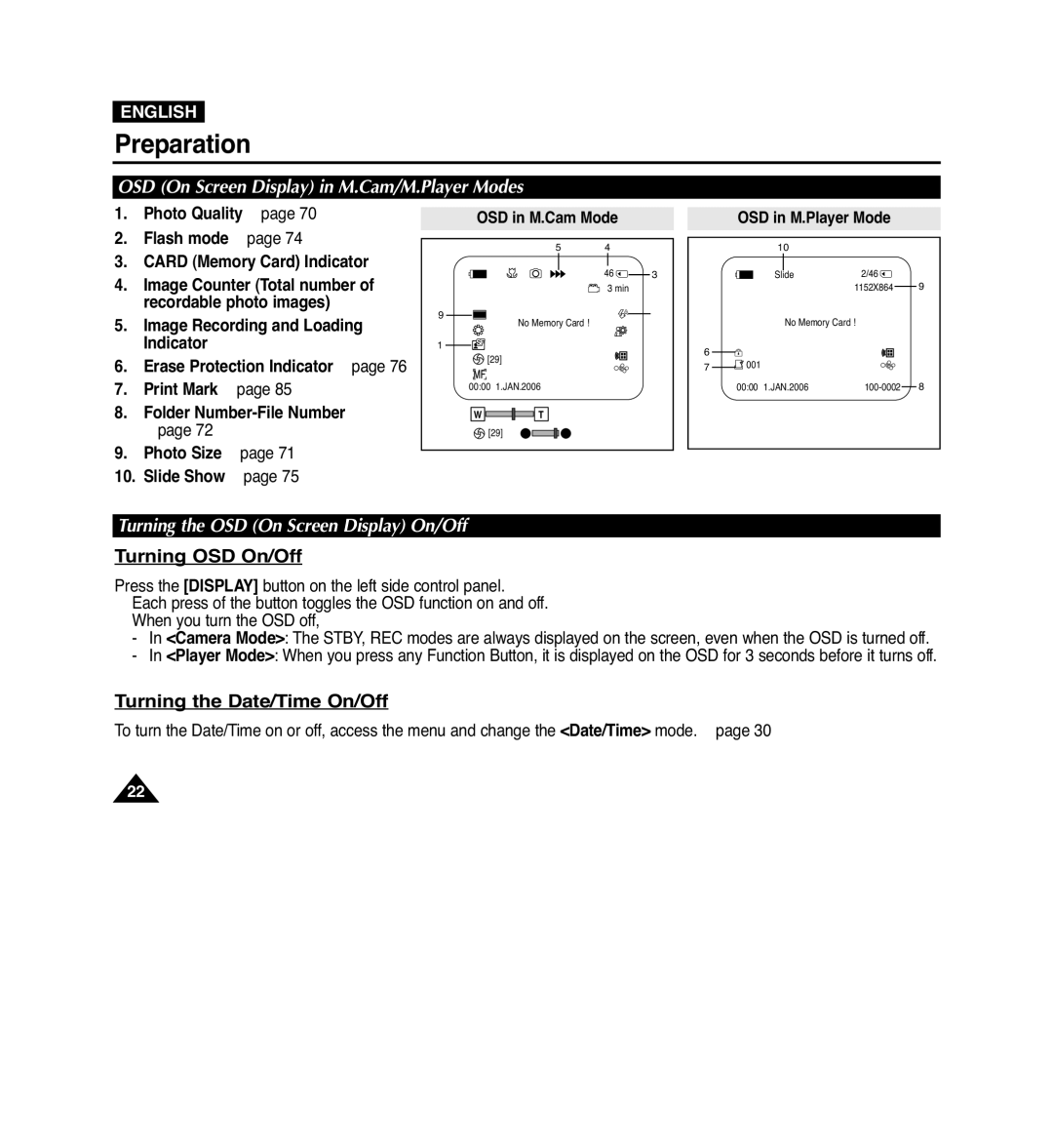 Samsung VP-D965Wi manual Turning OSD On/Off, Turning the Date/Time On/Off, OSD On Screen Display in M.Cam/M.Player Modes 