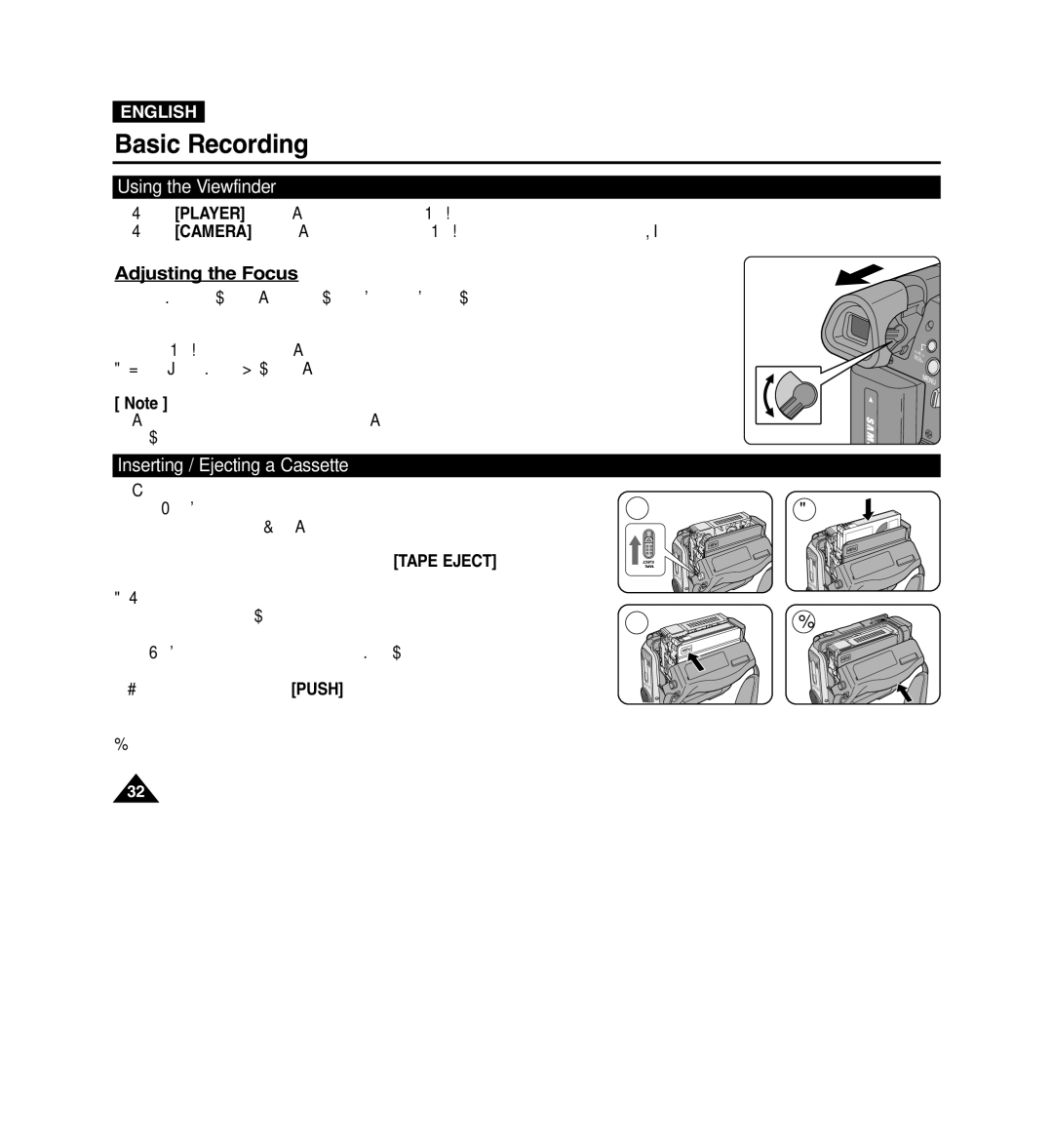 Samsung VP-D965Wi manual Basic Recording, Adjusting the Focus, Using the Viewfinder, Inserting / Ejecting a Cassette 