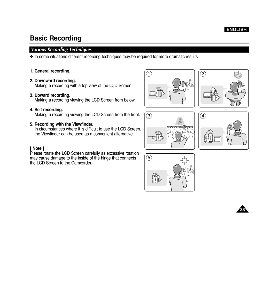 Samsung VP-D965Wi Various Recording Techniques, General recording Downward recording, Upward recording, Self recording 