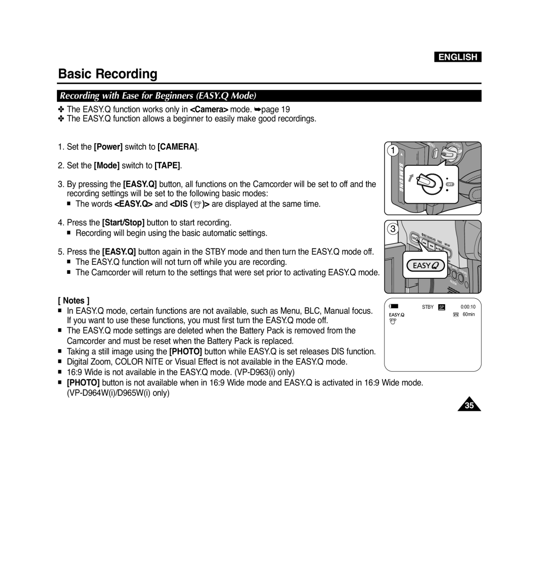 Samsung VP-D965Wi manual Recording with Ease for Beginners EASY.Q Mode, VP-D964Wi/D965Wi only 