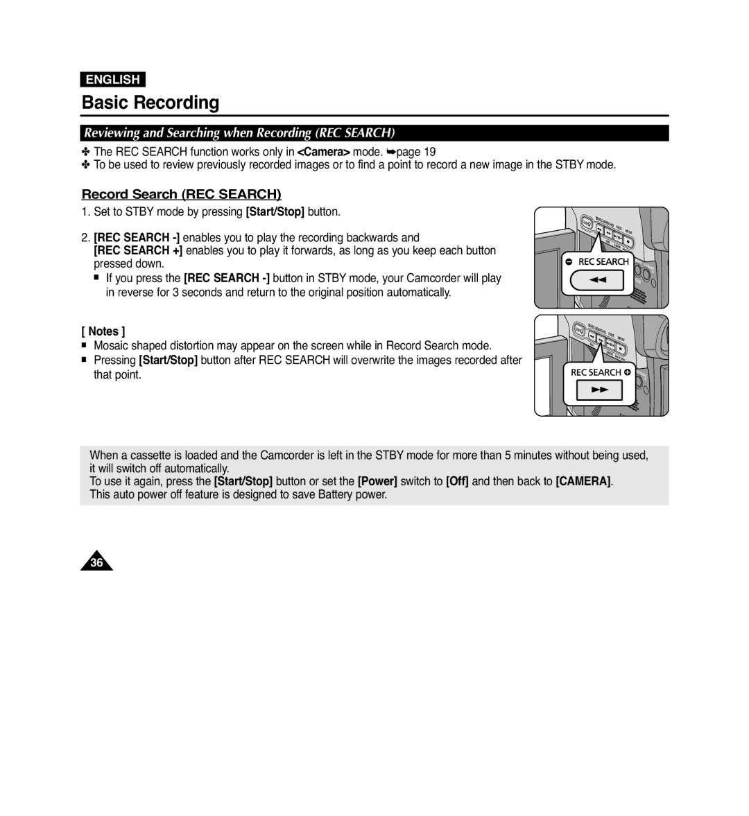 Samsung VP-D965Wi manual Record Search REC Search, Reviewing and Searching when Recording REC Search 