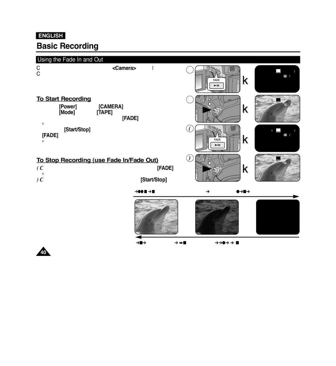 Samsung VP-D965Wi manual To Start Recording, To Stop Recording use Fade In/Fade Out, Using the Fade In and Out, Fade button 