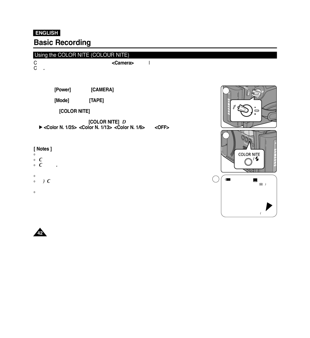 Samsung VP-D965Wi manual Using the Color Nite Colour Nite, √ Color N /25, Color N /13, Color N /6 and OFF 