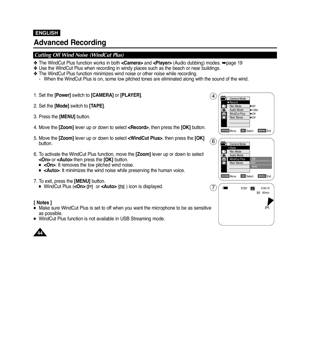 Samsung VP-D965Wi manual Cutting Off Wind Noise WindCut Plus, To exit, press the Menu button WindCut Plus On, Or Auto 