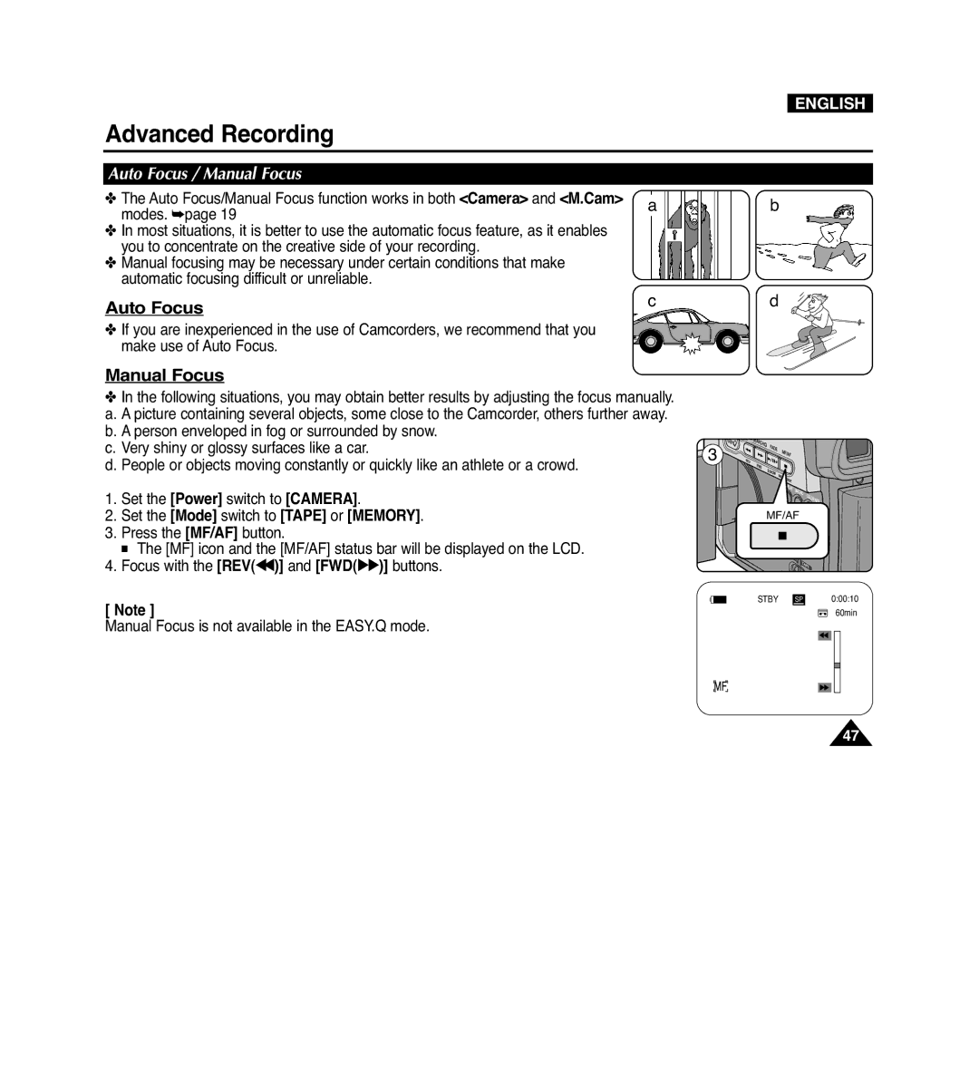 Samsung VP-D965Wi manual Auto Focus / Manual Focus, Modes 