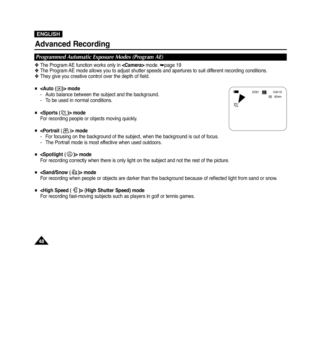 Samsung VP-D965Wi manual Programmed Automatic Exposure Modes Program AE 