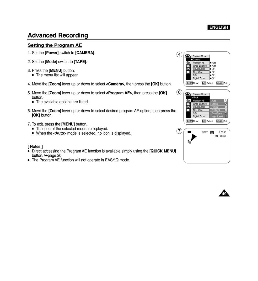 Samsung VP-D965Wi manual Setting the Program AE, Set the Mode switch to Tape 