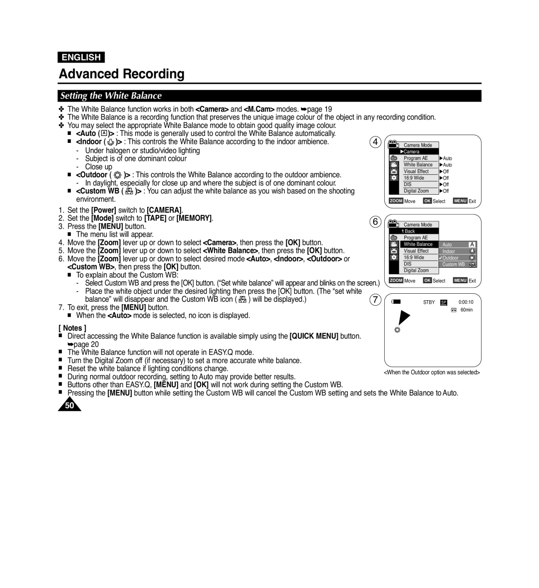 Samsung VP-D965Wi manual Setting the White Balance, Outdoor 