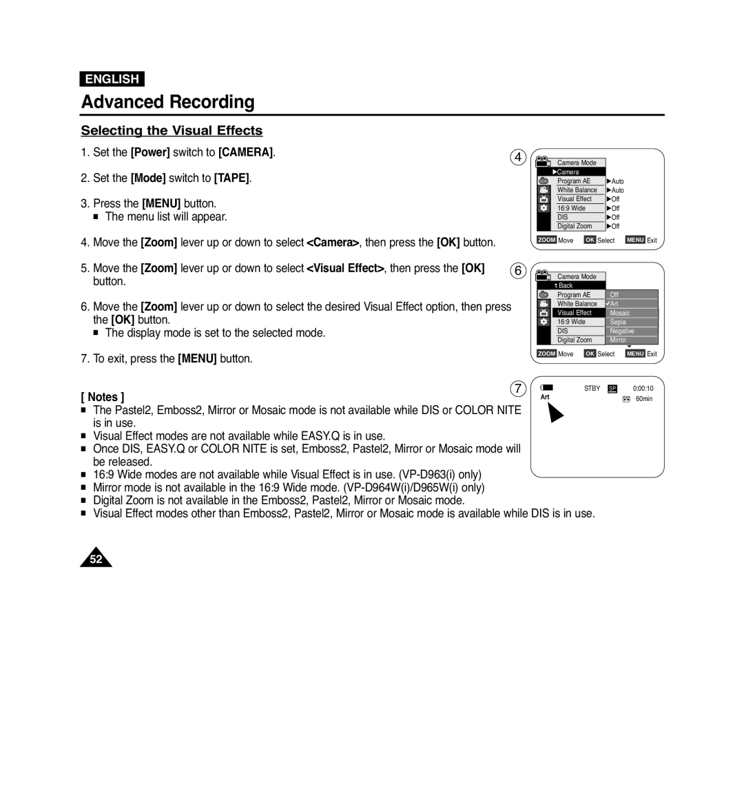 Samsung VP-D965Wi manual Selecting the Visual Effects, Display mode is set to the selected mode 