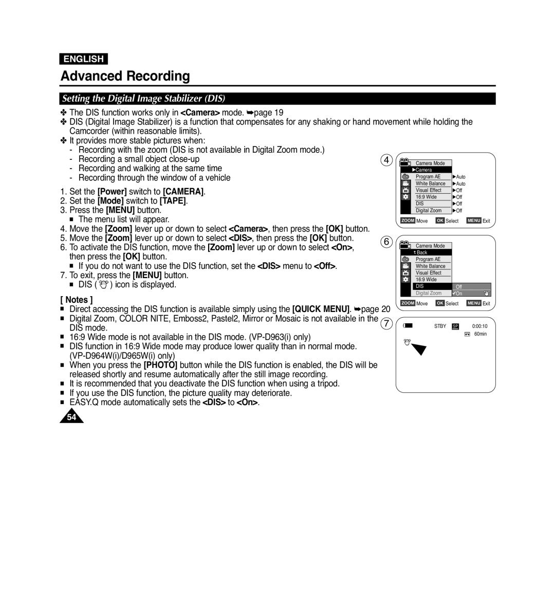 Samsung VP-D965Wi manual Setting the Digital Image Stabilizer DIS 