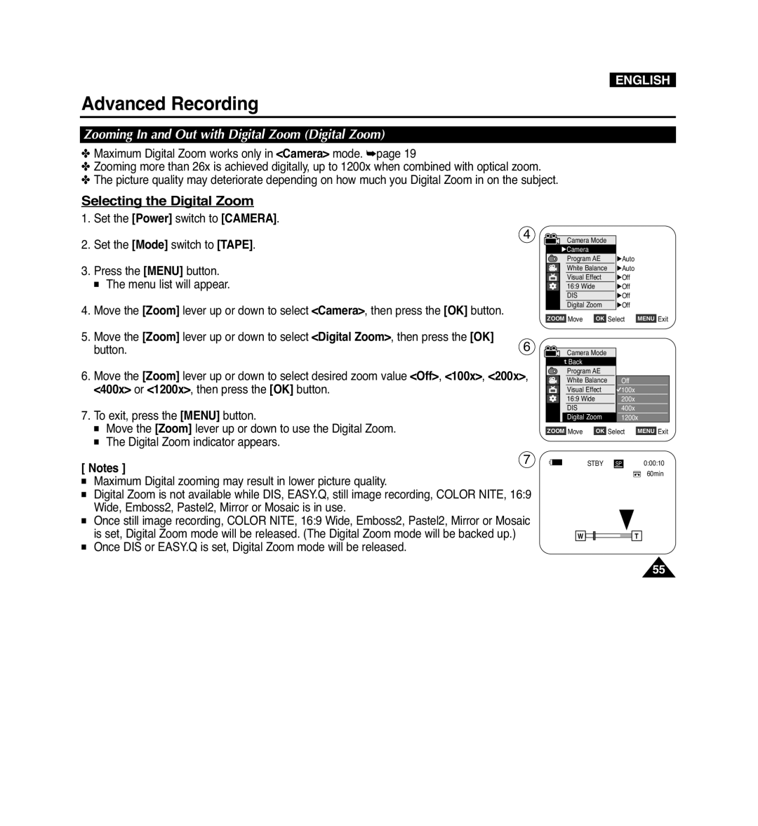 Samsung VP-D965Wi manual Selecting the Digital Zoom, Zooming In and Out with Digital Zoom Digital Zoom 
