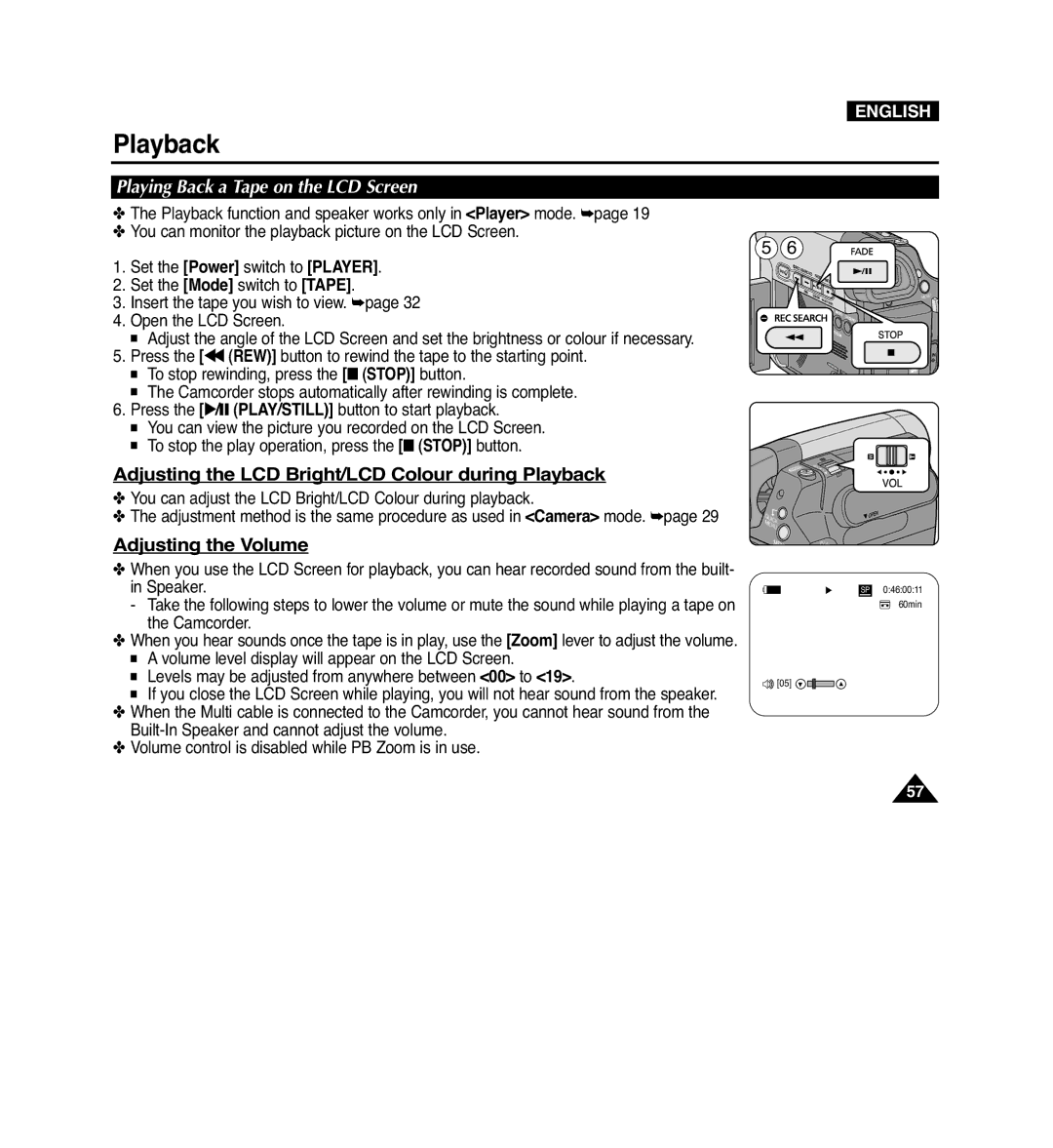 Samsung VP-D965Wi manual Adjusting the LCD Bright/LCD Colour during Playback, Adjusting the Volume 