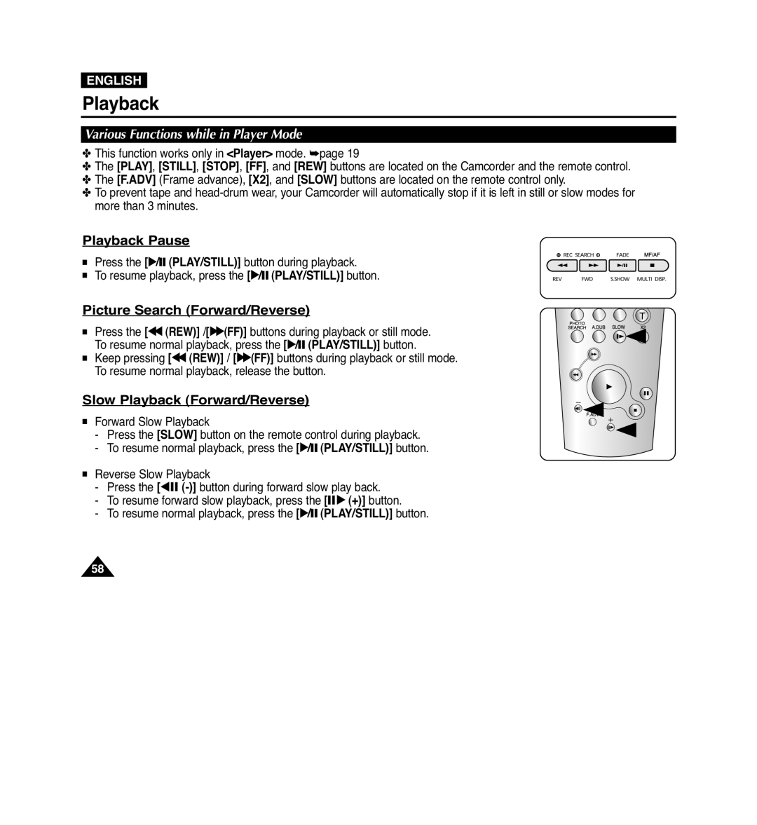 Samsung VP-D965Wi manual Playback Pause, Picture Search Forward/Reverse, Slow Playback Forward/Reverse 