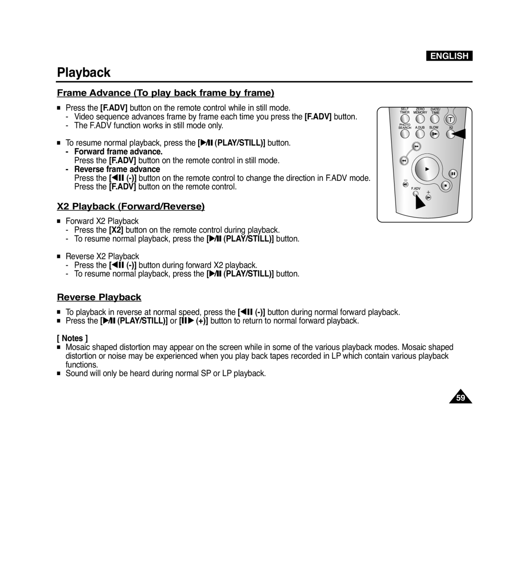 Samsung VP-D965Wi manual Frame Advance To play back frame by frame, X2 Playback Forward/Reverse, Reverse Playback 