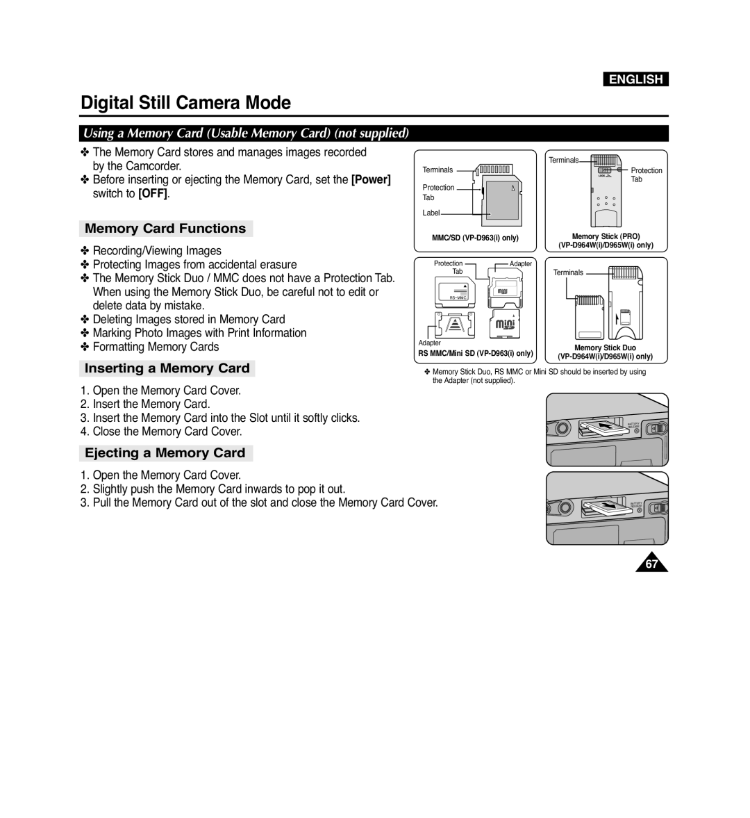 Samsung VP-D965Wi manual Digital Still Camera Mode, Memory Card Functions, Inserting a Memory Card, Ejecting a Memory Card 