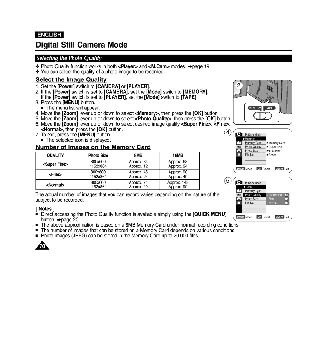 Samsung VP-D965Wi manual Select the Image Quality, Number of Images on the Memory Card, Selecting the Photo Quality 