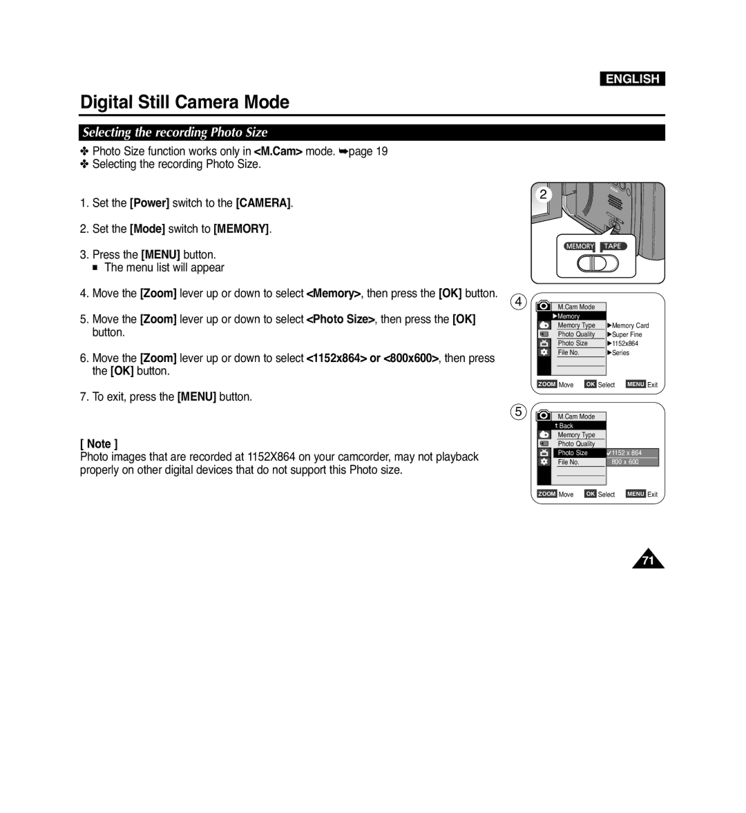 Samsung VP-D965Wi manual Selecting the recording Photo Size 