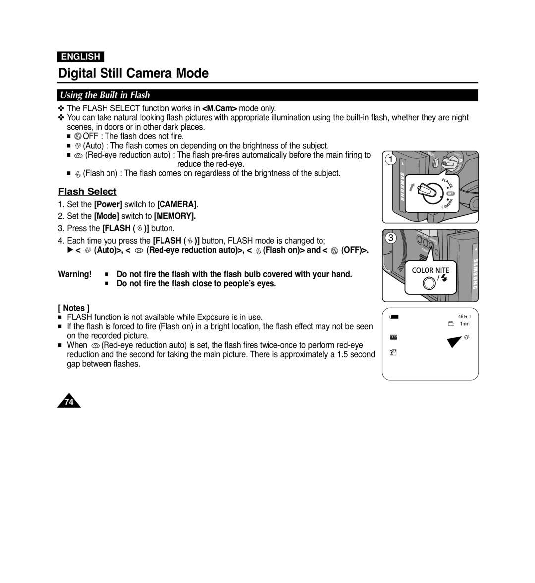 Samsung VP-D965Wi manual Flash Select, Using the Built in Flash, Night, Do not fire the flash close to people’s eyes 