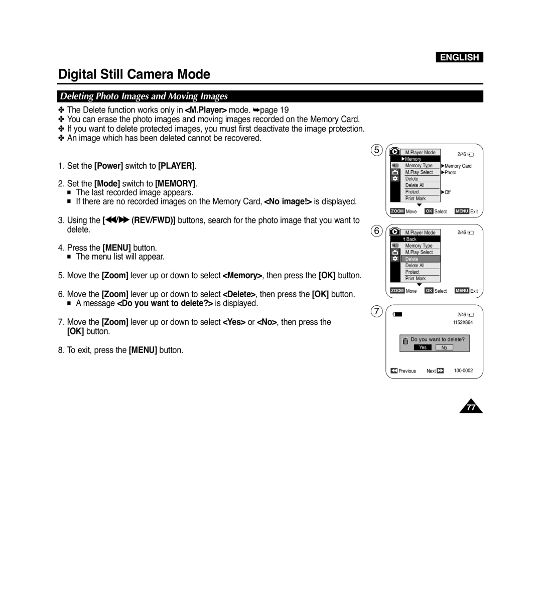 Samsung VP-D965Wi manual Deleting Photo Images and Moving Images, Message Do you want to delete? is displayed 