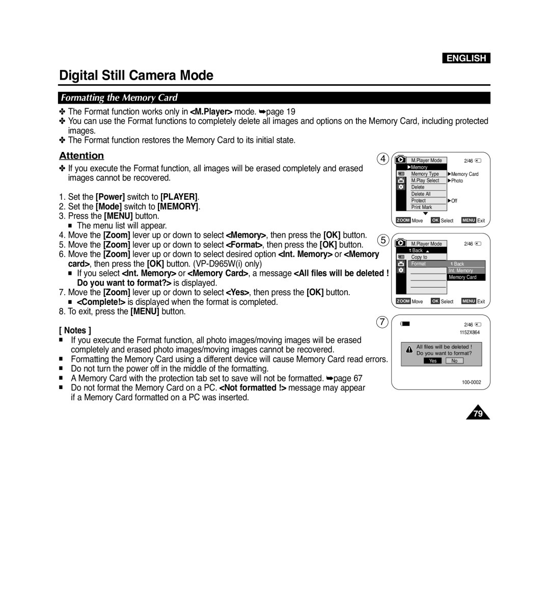 Samsung VP-D965Wi manual Formatting the Memory Card, Set the Mode switch to Memory 