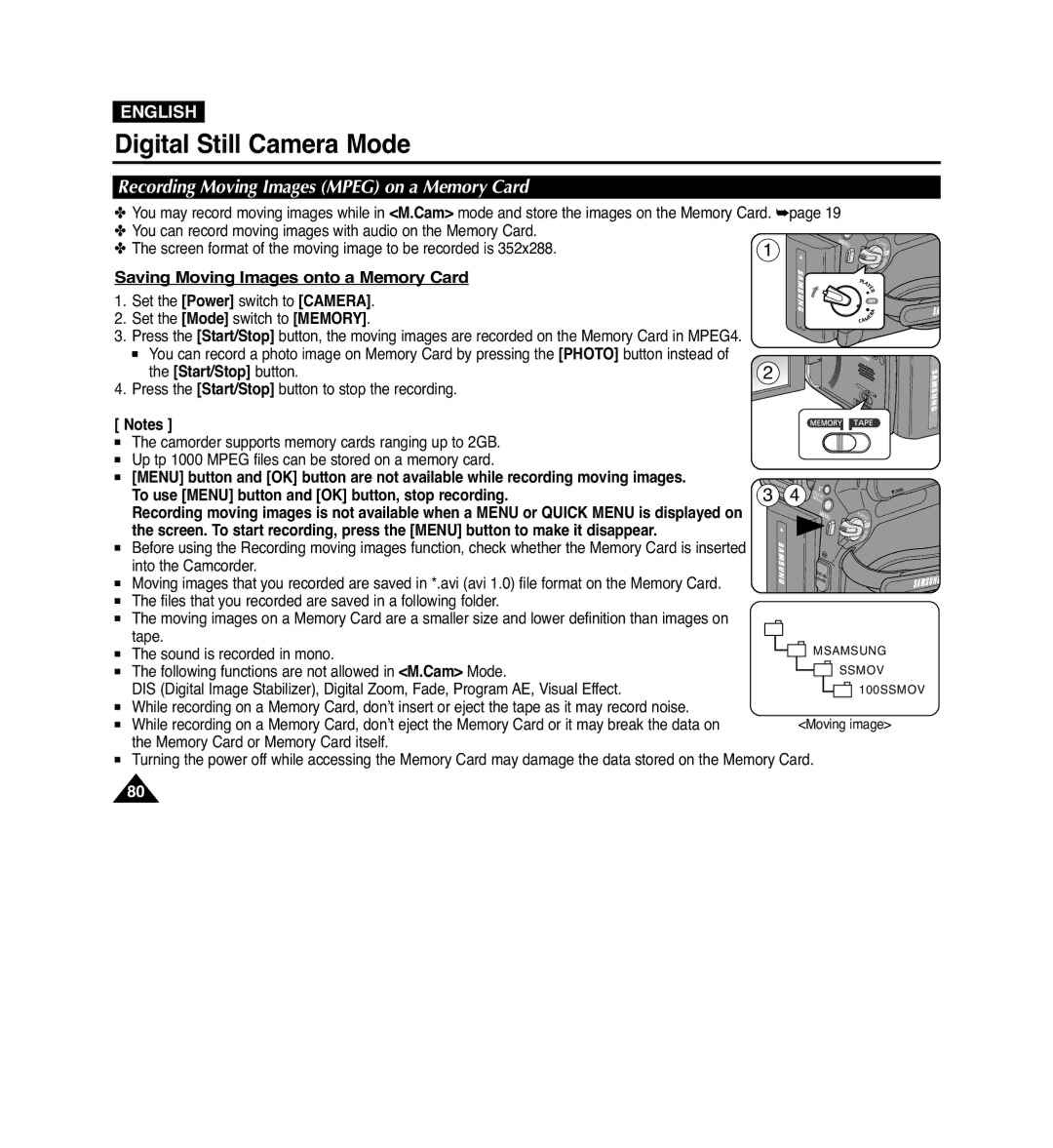 Samsung VP-D965Wi manual Recording Moving Images Mpeg on a Memory Card, Press the Start/Stop button to stop the recording 