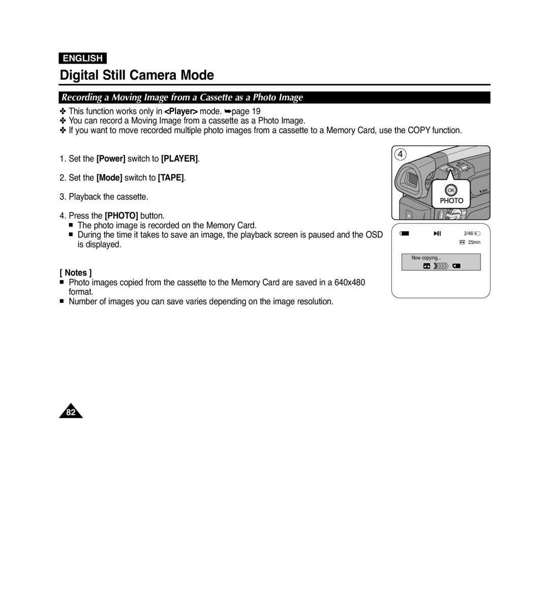 Samsung VP-D965Wi manual Recording a Moving Image from a Cassette as a Photo Image 