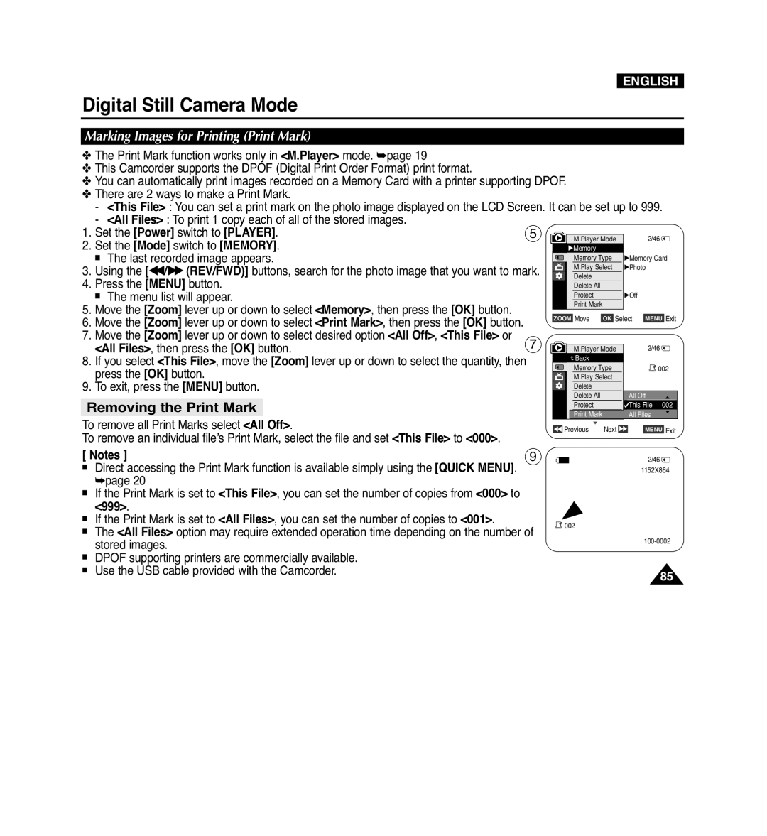 Samsung VP-D965Wi manual Removing the Print Mark, Marking Images for Printing Print Mark, 999 