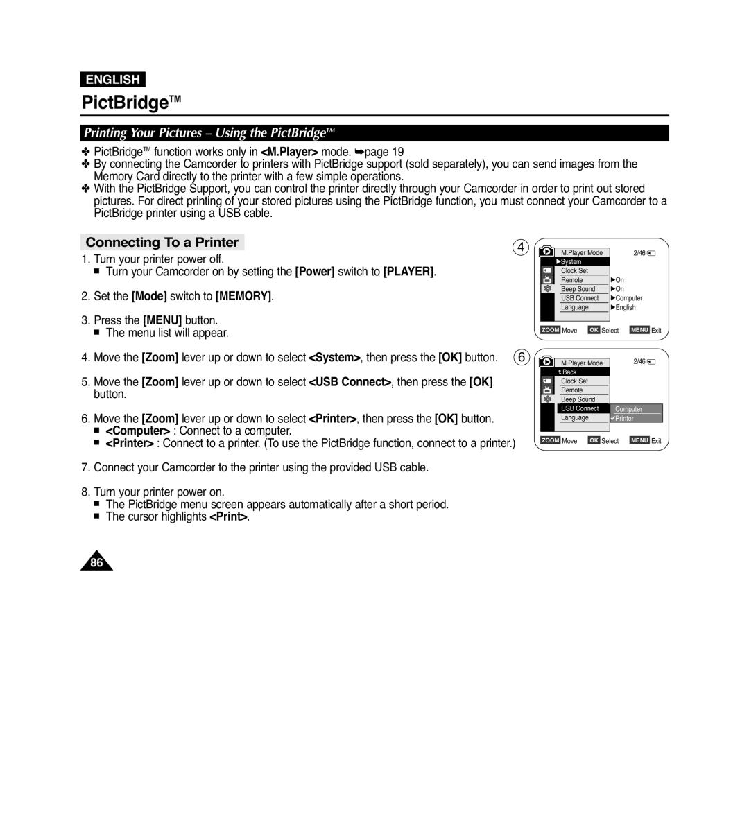 Samsung VP-D965Wi manual Connecting To a Printer, Printing Your Pictures Using the PictBridgeTM 