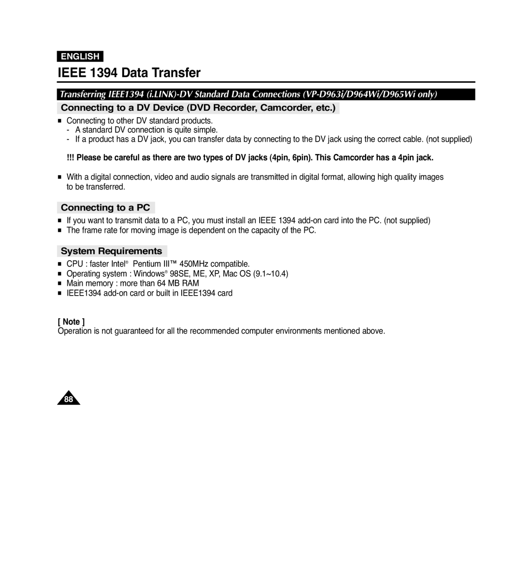 Samsung VP-D965Wi Ieee 1394 Data Transfer, Connecting to a DV Device DVD Recorder, Camcorder, etc, Connecting to a PC 