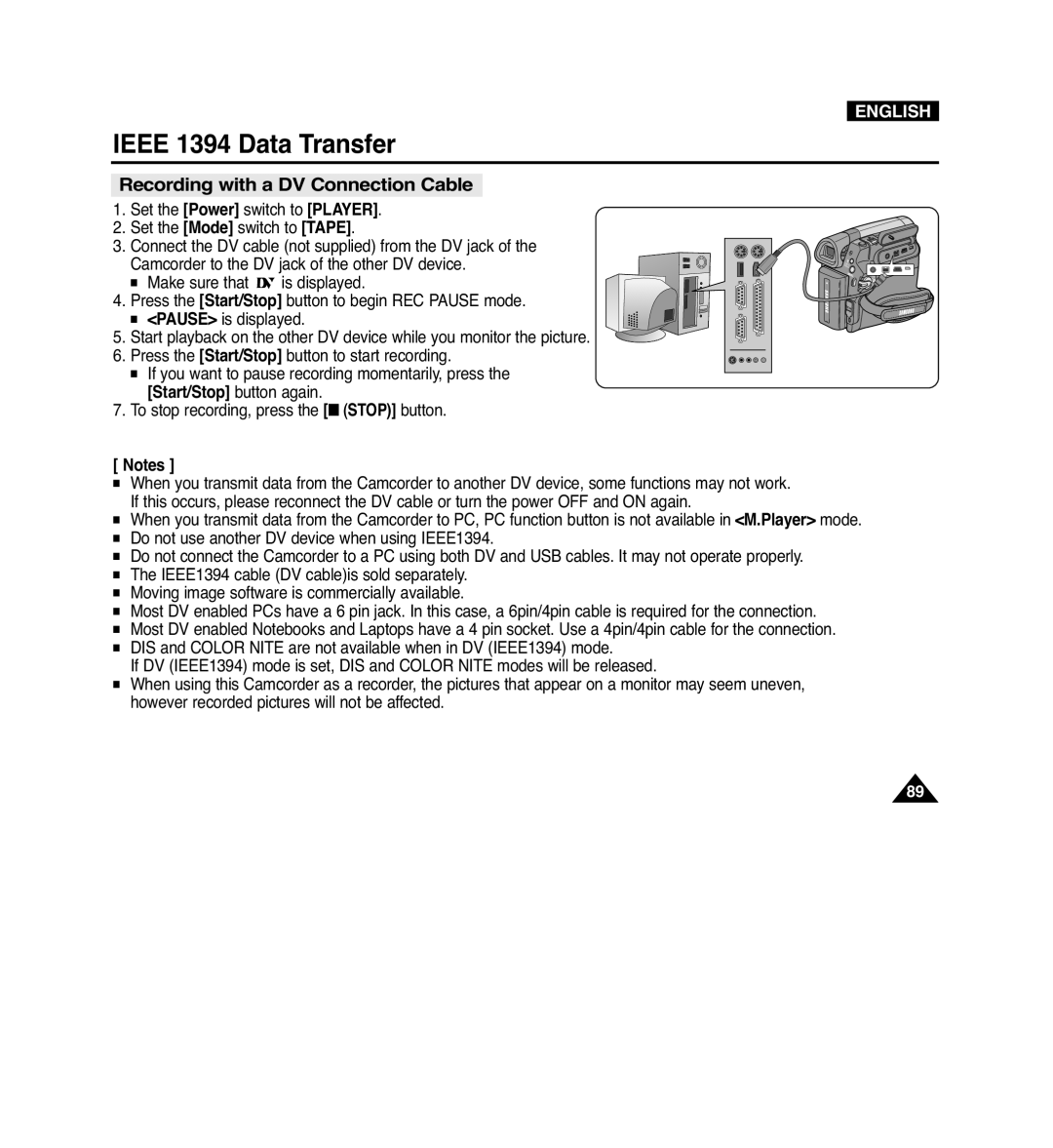 Samsung VP-D965Wi manual Recording with a DV Connection Cable 