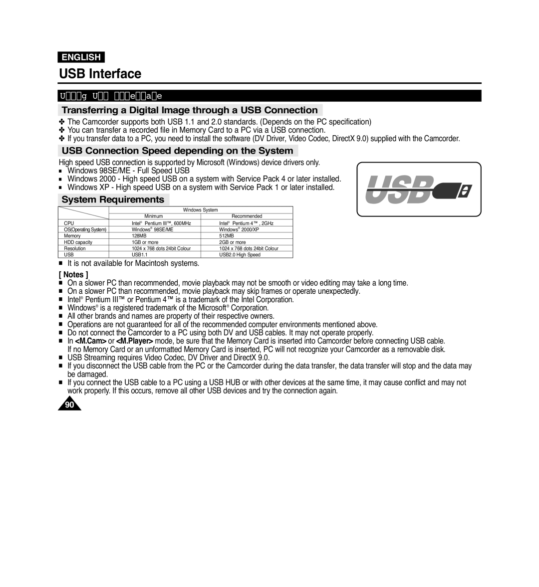 Samsung VP-D965Wi manual Transferring a Digital Image through a USB Connection, Using USB Interface 