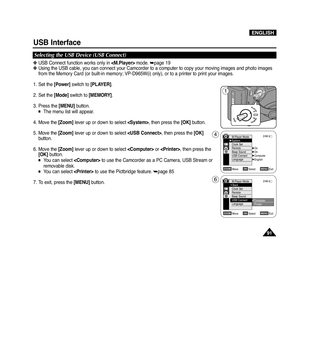 Samsung VP-D965Wi manual Selecting the USB Device USB Connect, To exit, press the Menu button 