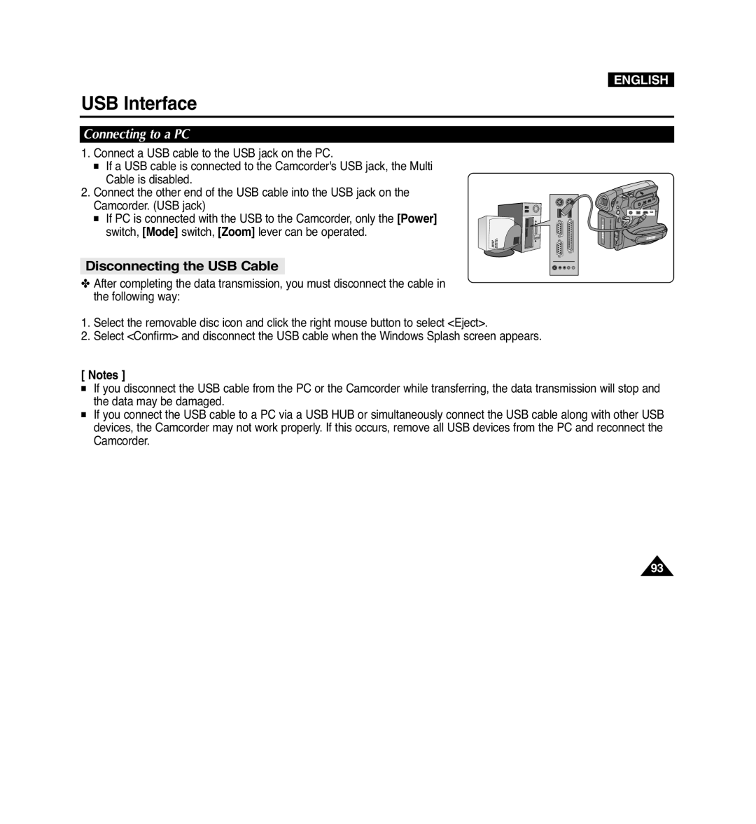 Samsung VP-D965Wi manual Disconnecting the USB Cable, Connecting to a PC 