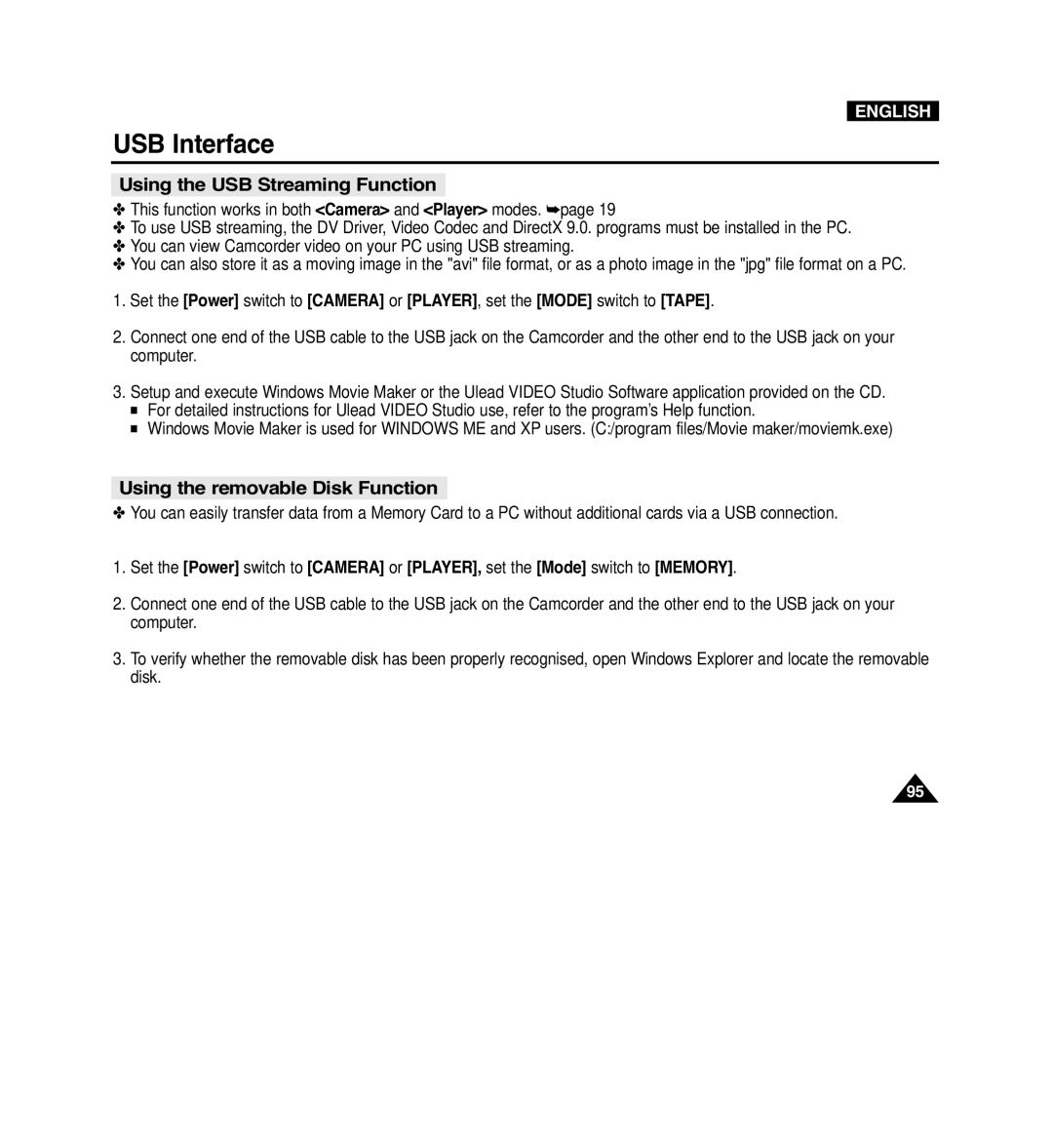 Samsung VP-D965Wi manual Using the USB Streaming Function, Using the removable Disk Function 