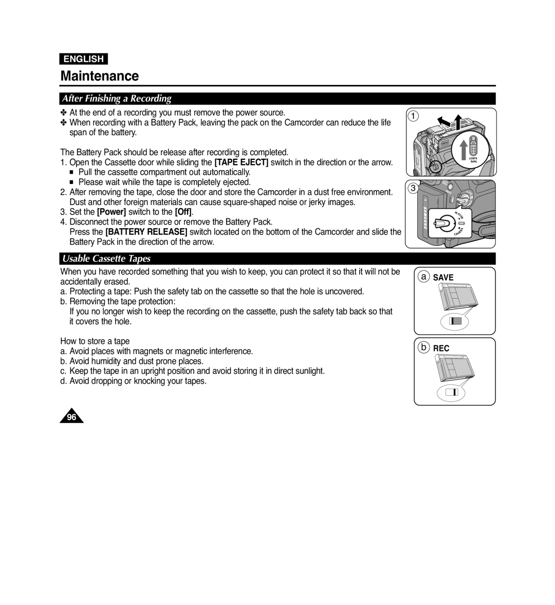 Samsung VP-D965Wi manual Maintenance, After Finishing a Recording, Usable Cassette Tapes, Save REC 