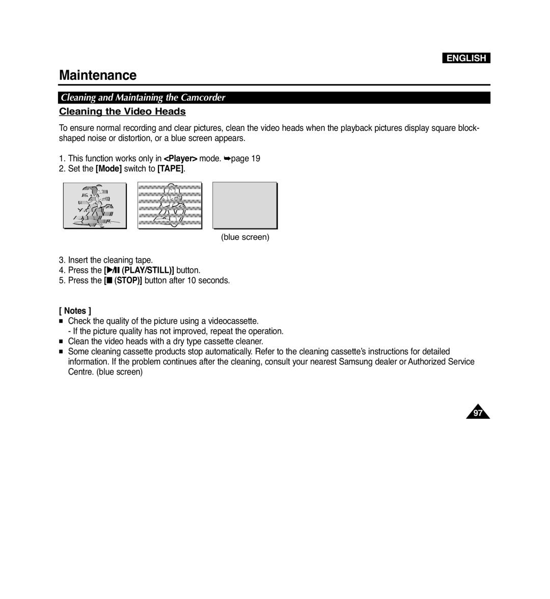 Samsung VP-D965Wi manual Cleaning the Video Heads, Cleaning and Maintaining the Camcorder 