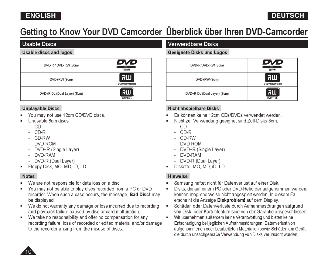 Samsung VP-DC165WI/MEA, VP-DC165WI/HAC, VP-DC165WI/UMG, VP-DC165WI/XEV manual Usable Discs, Verwendbare Disks 