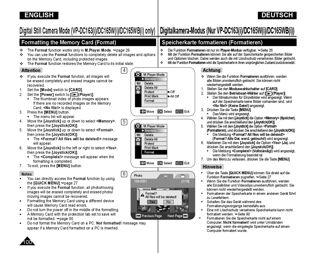 Samsung VP-DC165WI/HAC, VP-DC165WI/UMG Formatting the Memory Card Format, Speicherkarte formatieren Formatieren, Achtung 