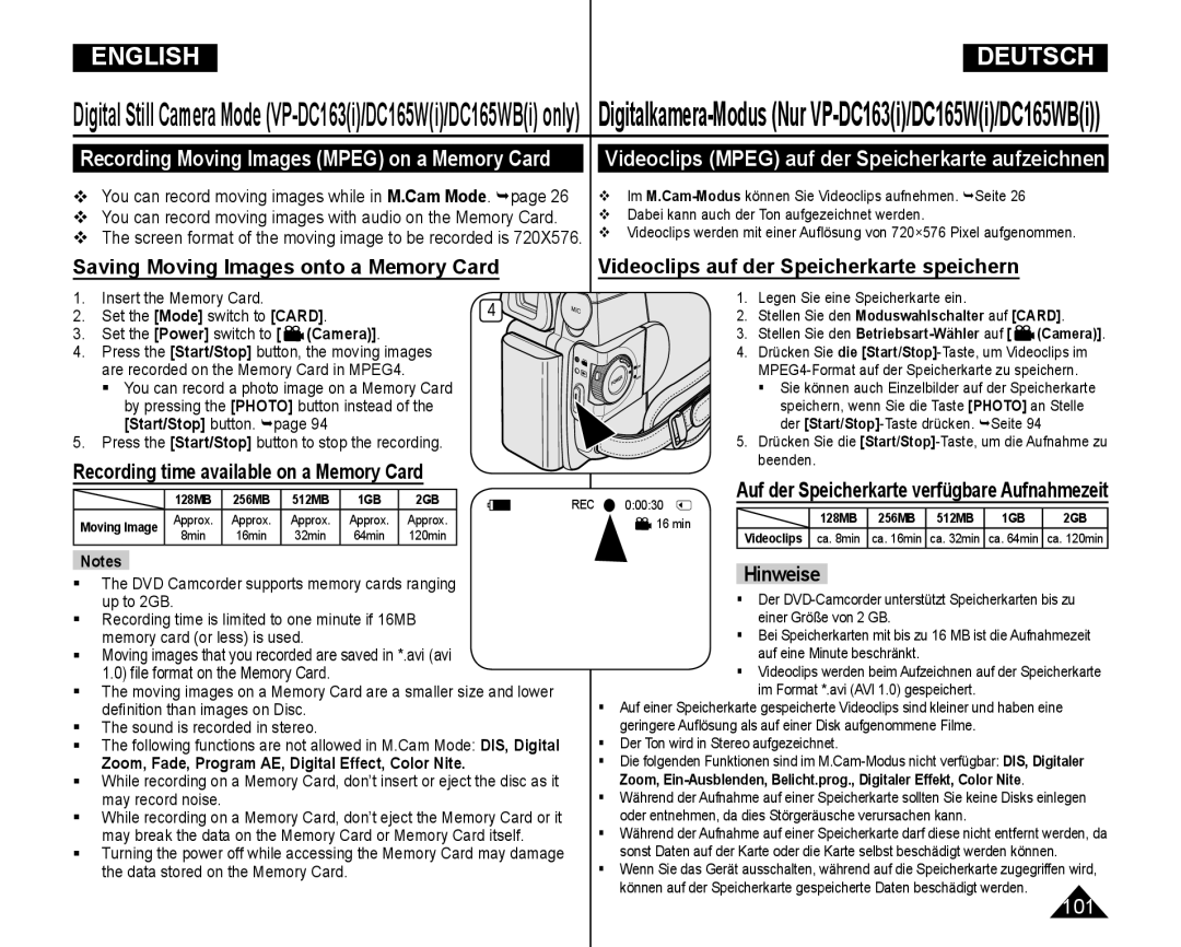 Samsung VP-DC165WI/UMG manual Saving Moving Images onto a Memory Card, Recording time available on a Memory Card, Hinweise 