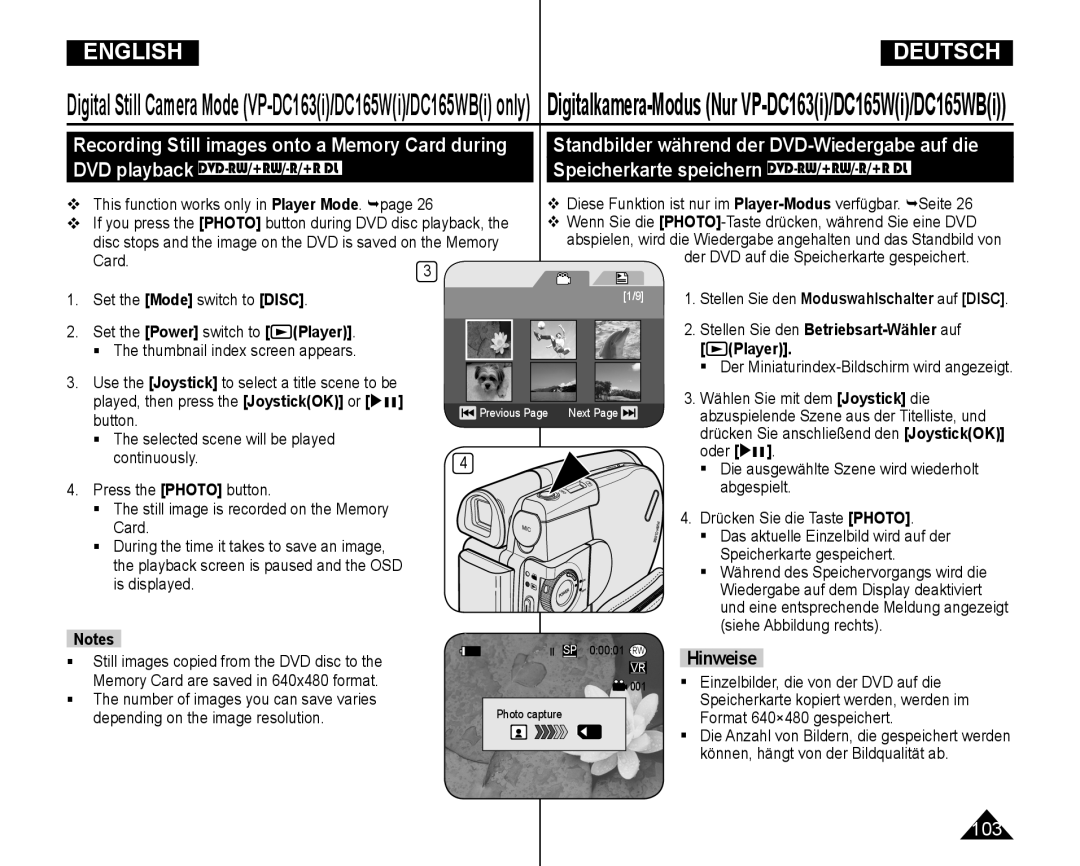 Samsung VP-DC165WI/XEV manual  This function works only in Player Mode. page, Stellen Sie den Moduswahlschalter auf Disc 